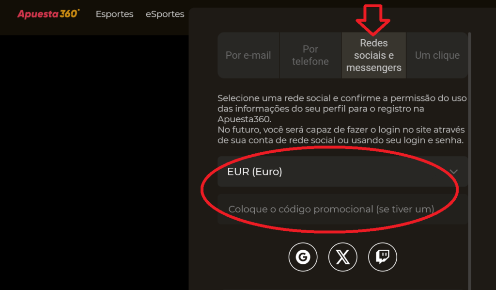 Registro no Apuesta360 via redes sociais